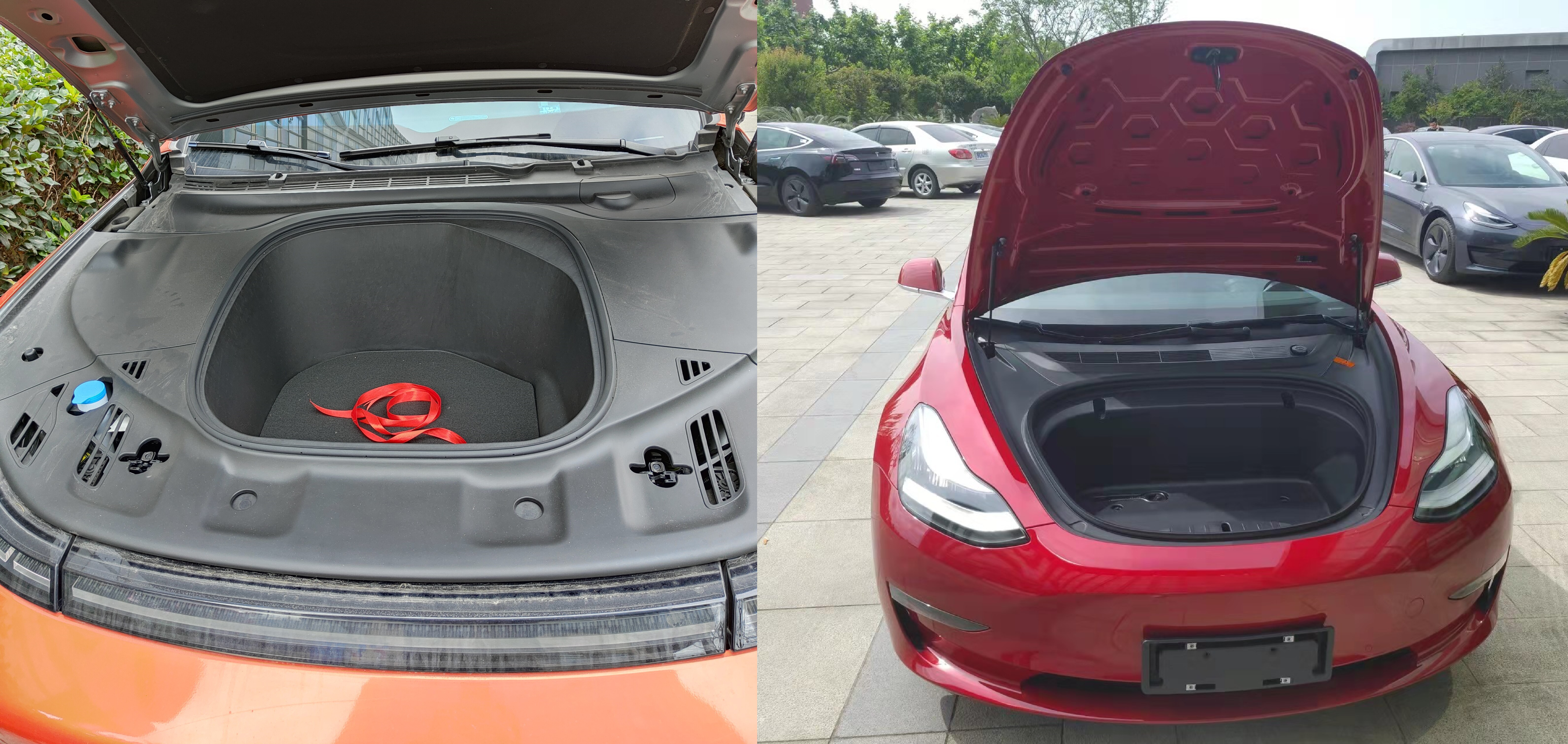 XPeng P7 (left) and Tesla Model 3 (right)