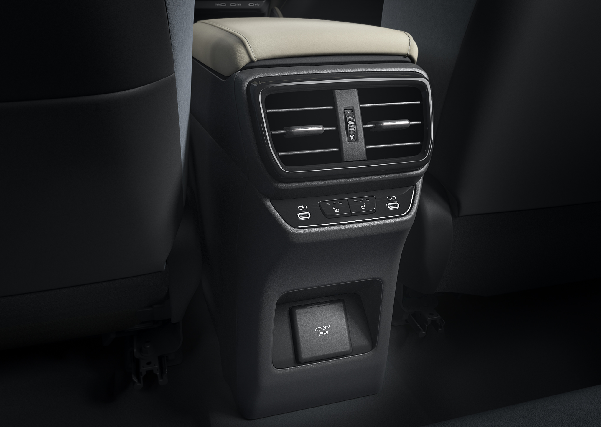 Rear air vents, Type-C charging ports, and AC outlets.