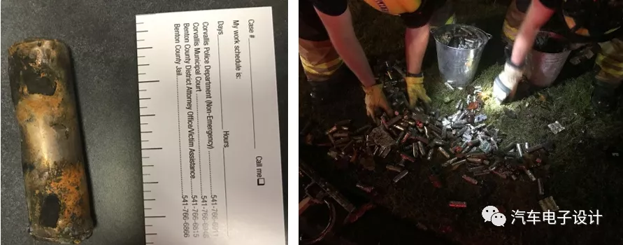 Scattered Model 3 Battery Cells, some of which are thermally out of control