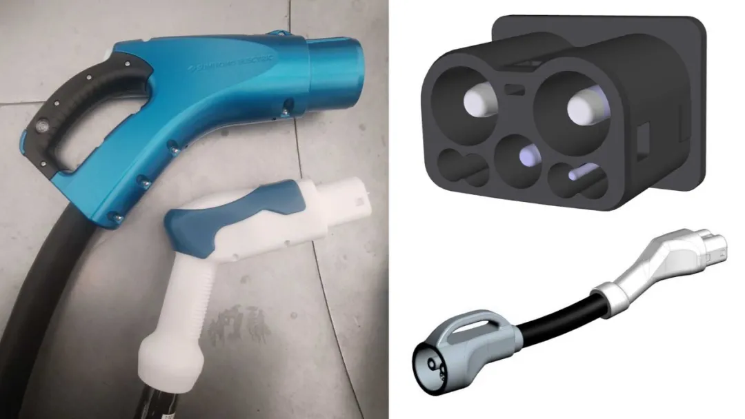 Left Picture: Comparison between CHAdeMO 2.0 and ChaoJi gun head; Top Right Picture: ChaoJi Socket; Bottom Right Picture: CHAdeMO 2.0 and ChaoJi adapter