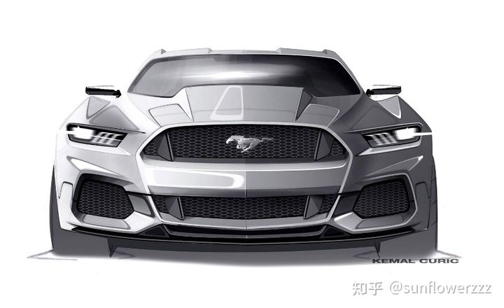 Sketch of the sixth generation Mustang front design, showcasing the gasoline-powered interpretation that swallows air forward