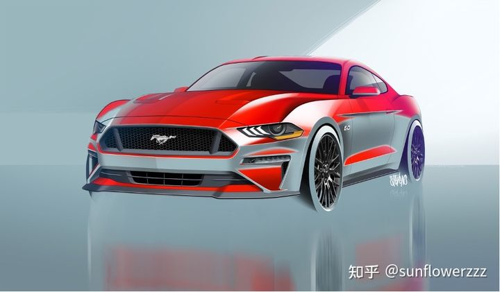 The sixth generation Mustang design rendering is also provided for comparison, showing the version modified after the mid-term