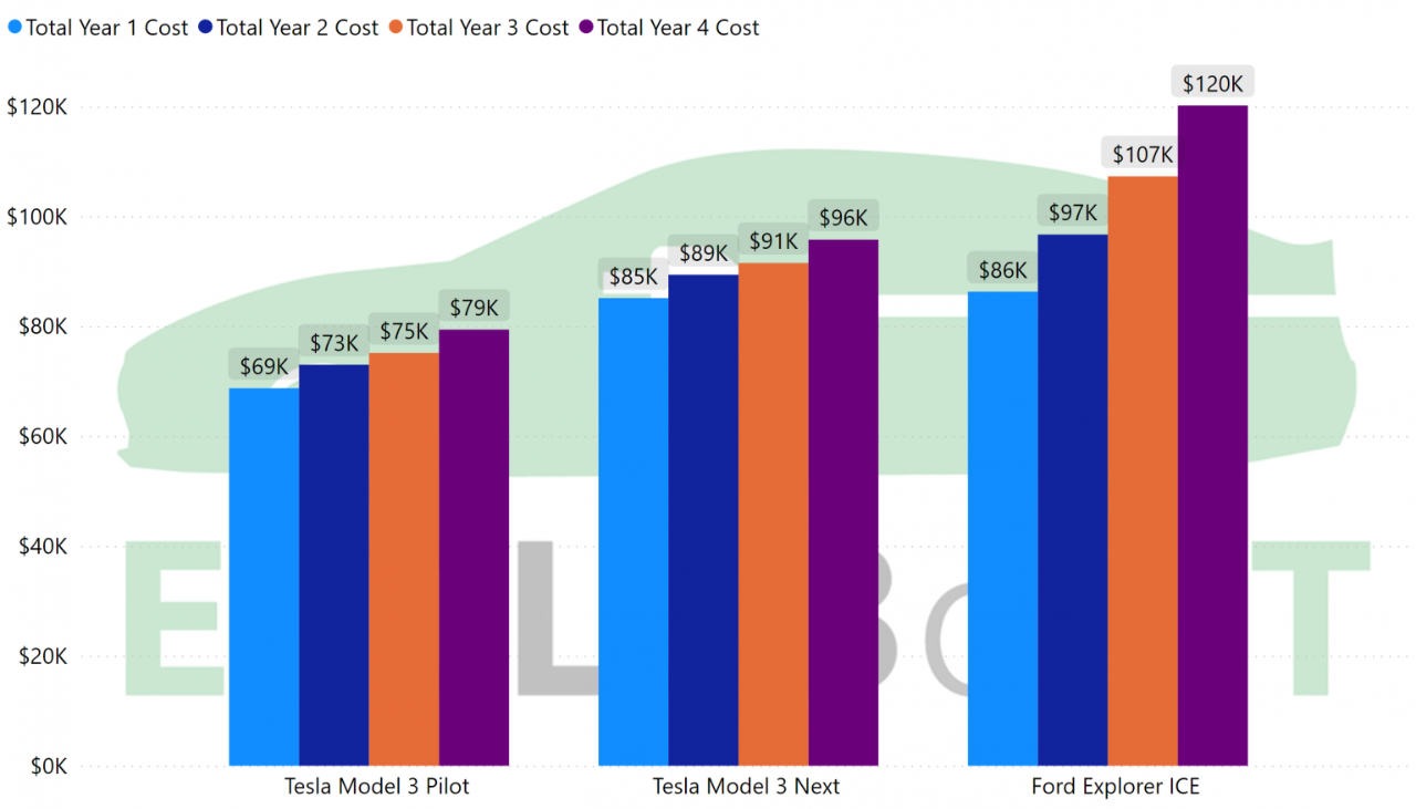 Total cost and cumulative ongoing cost listed by vehicle per year