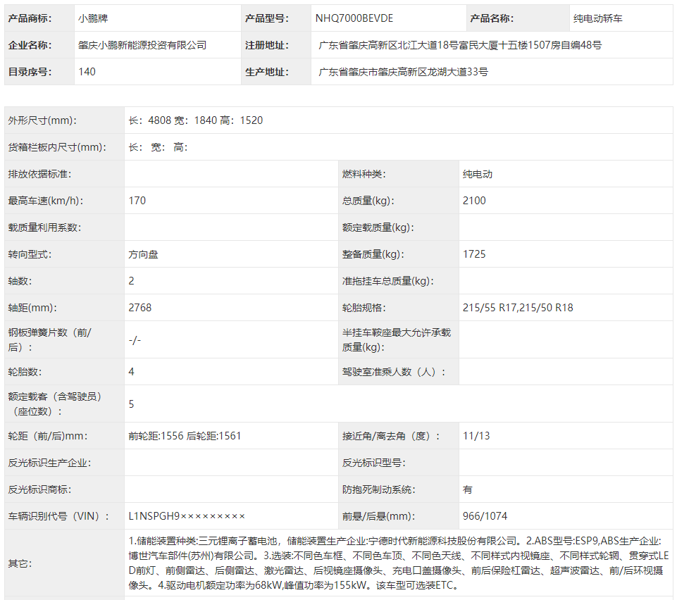 XPeng P5 Detailed Specifications