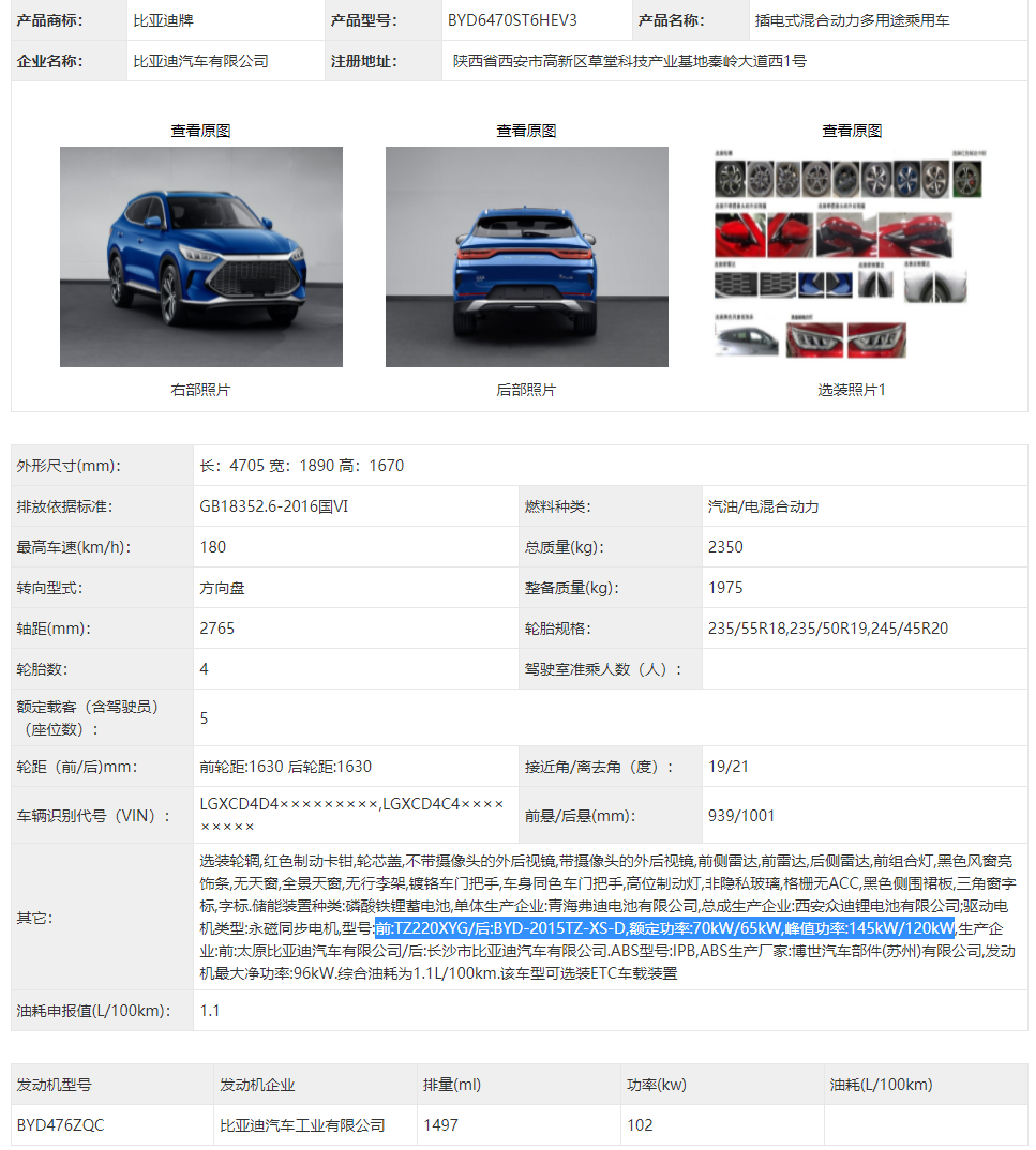 Detailed parameters of BYD Song PLUS DM-p