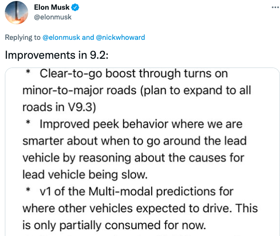 Tesla FSD Beta 9.2 tweet