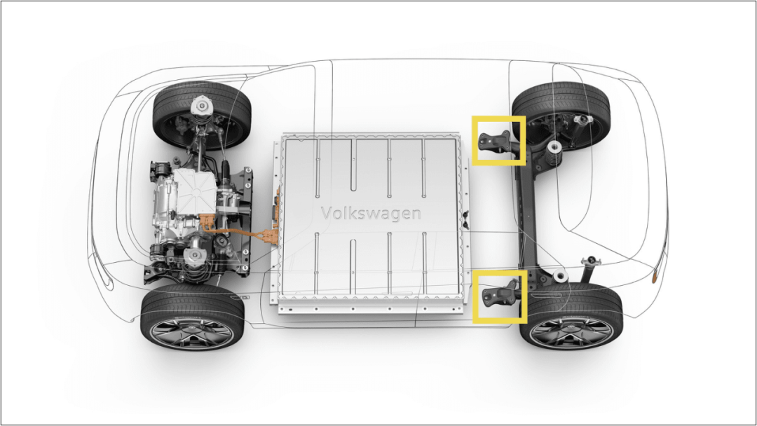 ID.LIFE with a 57kWh battery pack, the hinge point of the torsion beam prevents the battery pack from expanding backward