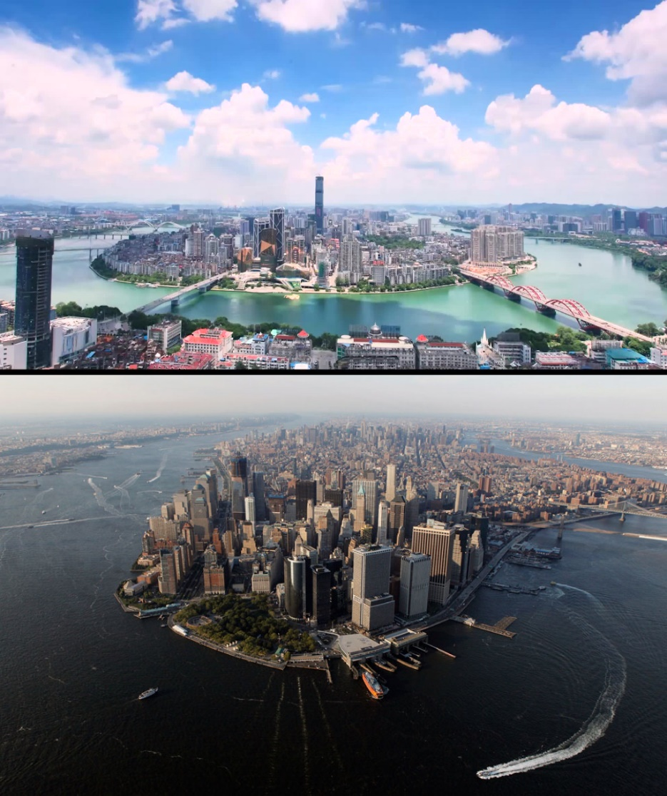 The upper picture shows Liuzhou, and the lower picture is Manhattan