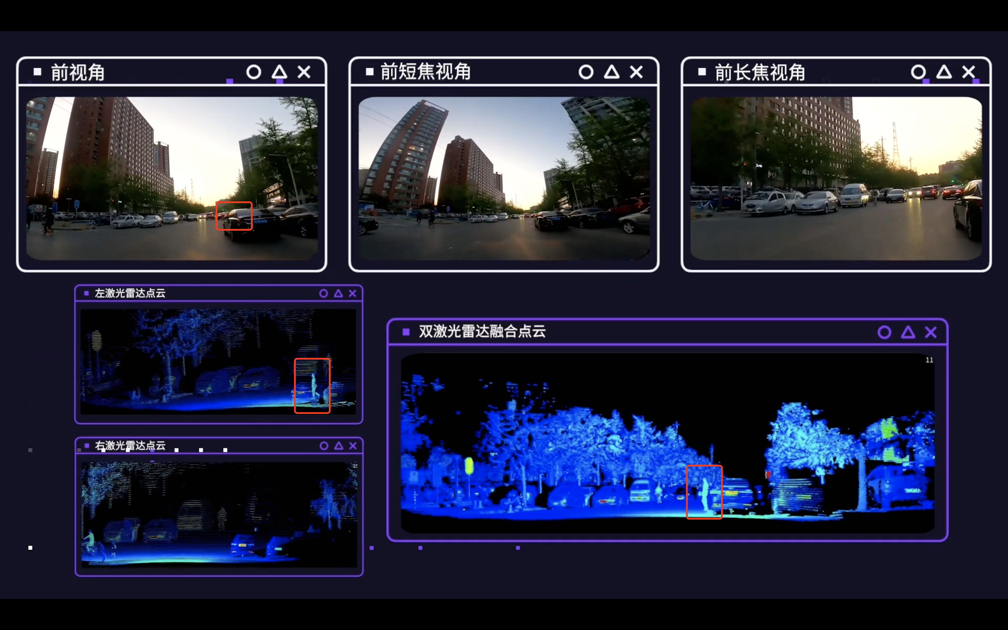 A person in a blind spot is not detected by the camera and right lidar, but is detected by the left lidar.