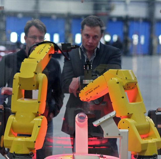 A robot newly installed in a factory under Musk's supervision in his early years.