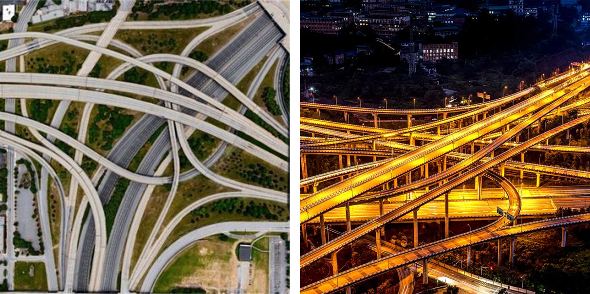 The most complicated highway interchange system in China and the US: Atlanta, US (left) and Chongqing, China