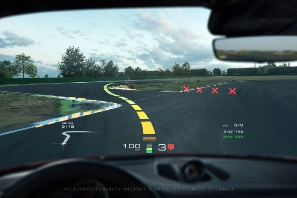 HUD effect diagram of Porsche, showing more complex information than production cars (source)