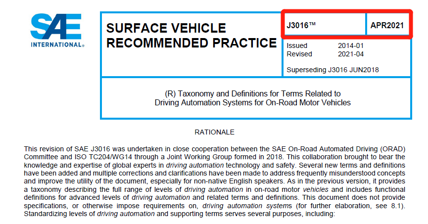 SAE J3016 Automated Driving System Taxonomy Updated Version Released