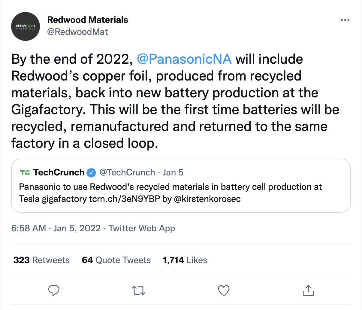 Panasonic announced that it will use recycled materials from Redwood to supply Tesla's batteries.