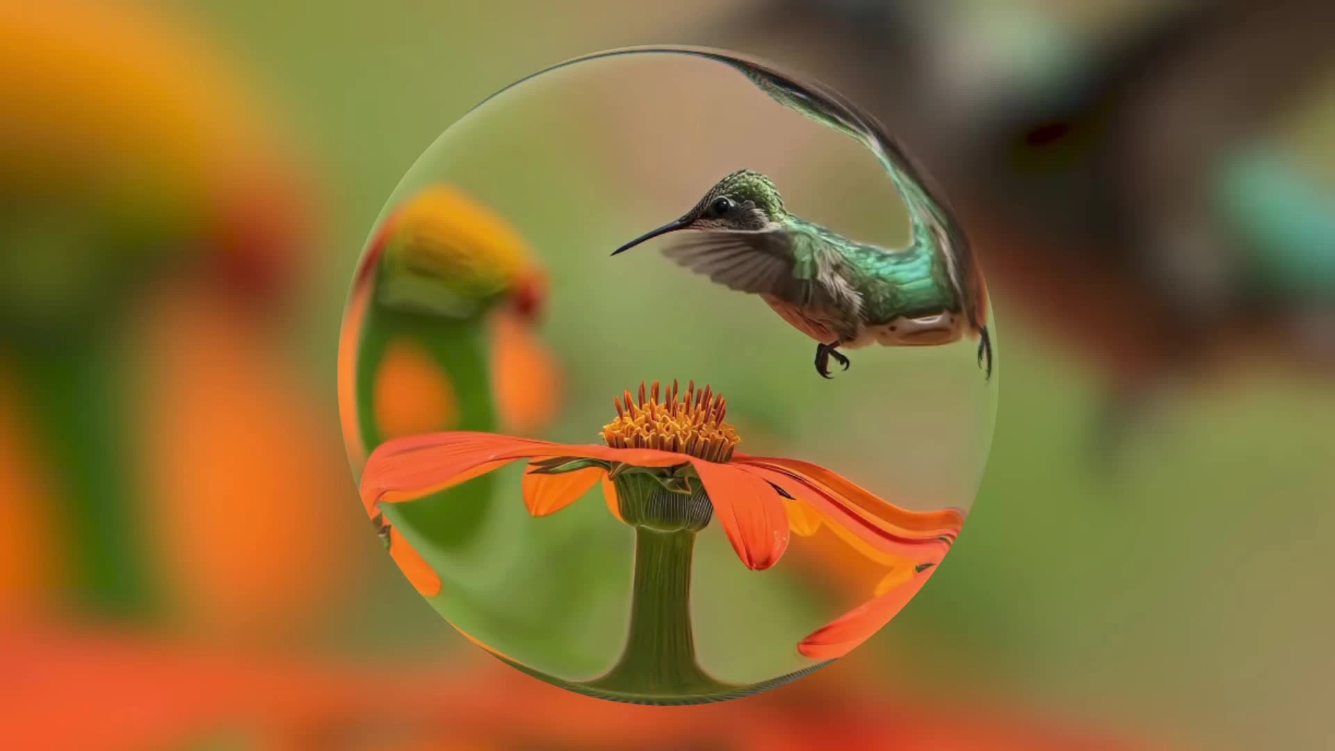 This image is a related illustration for Google's release of Genie 4, featuring a transparent sphere containing a hummingbird and orange flowers, set against a blurred natural background with rich, soft colors. Used as the header image for the Genie 4 official blog, it visually presents the Genie series' ability to generate simulated worlds with sound, showcasing a vivid natural simulation and echoing Genie 4's core feature of building real-time interactive simulated worlds with audio.
