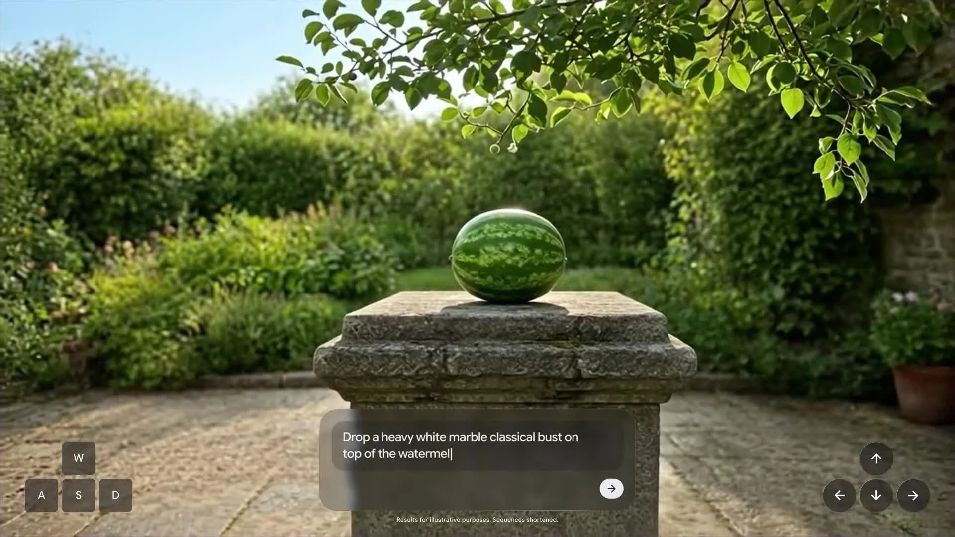 The image shows Google Genie 4 simulating a marble bust smashing into a watermelon. A green watermelon sits on a stone pillar in a courtyard surrounded by greenery. Below the image is a command input box displaying 'Drop a heavy white marble classical bust on top of the watermelon!' with a '→' button. The bottom left features directional keys 'W A S D', and the bottom right has arrow keys. This image relates to Genie 4's simulation of multi-step complex events, intuitively demonstrating its audio generation capabilities.
