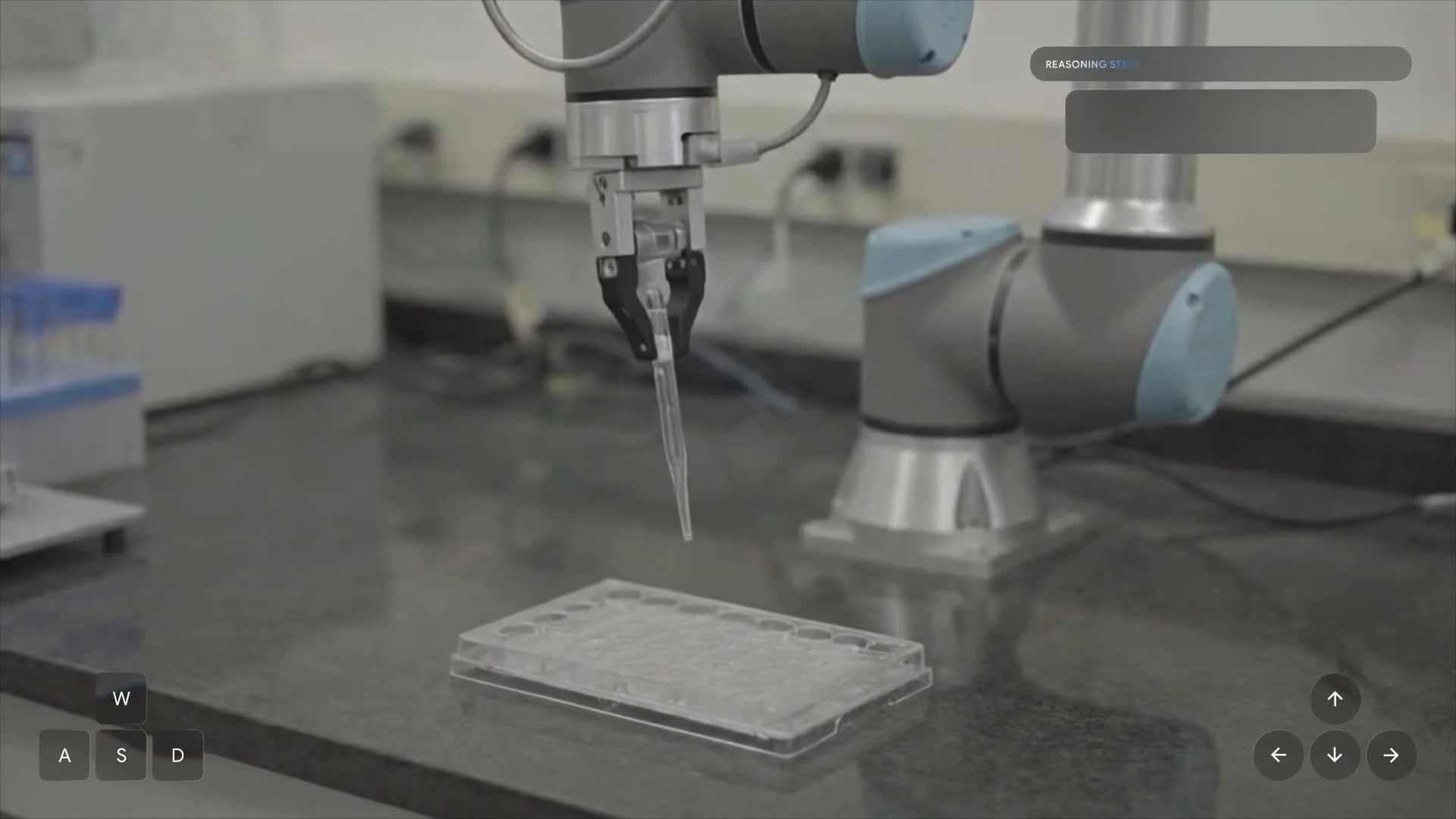 This image presents a robotic arm operating in a laboratory setting. The main subject is a Universal Robots UR5 robotic arm holding a pipette above a transparent experimental plate, corresponding to Google Genie 4's official demonstration scenario. This demonstration is an instance of Genie 4 generating a world in real time, utilizing Gemini 3.8 Flash as a guiding agent in the loop to complete the simulation of the robotic arm dispensing liquid into the experimental plate.