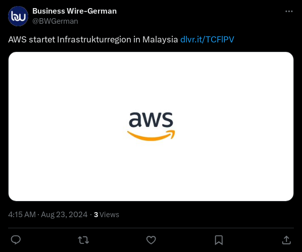 AWS 在马来西亚启动基础设施区域。  
<a href=