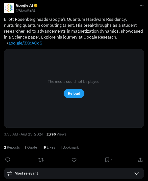 Eliott Rosenberg 领导 Google 量子硬件项目，培养人才，研究磁化动力学，成果发表在《科学》。<a href=