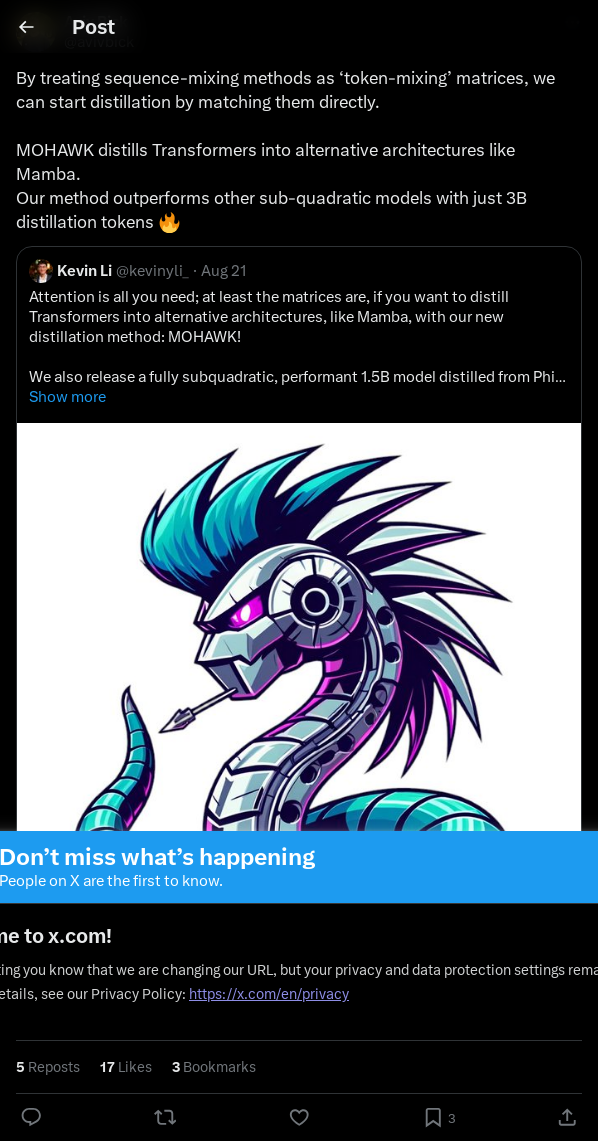 通过将序列混合方法视为 “令牌混合” 矩阵，MOHAWK 将 Transformers 蒸馏成替代架构如 Mamba，性能优于其他次二次模型。