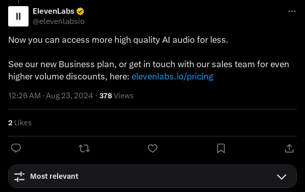 ElevenLabs 推出新商业计划，提供更多高质量 AI 音频，价格更低。联系销售团队获取批量折扣。 <a href=