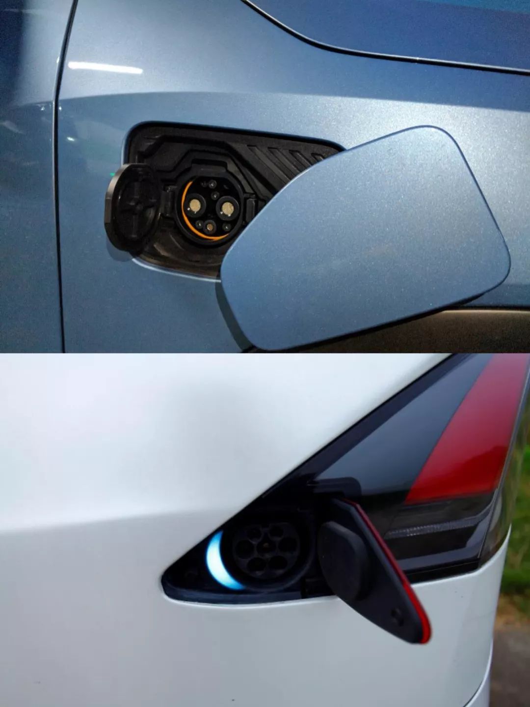 Above: ES8 charging port. Below: Model X European standard charging port.