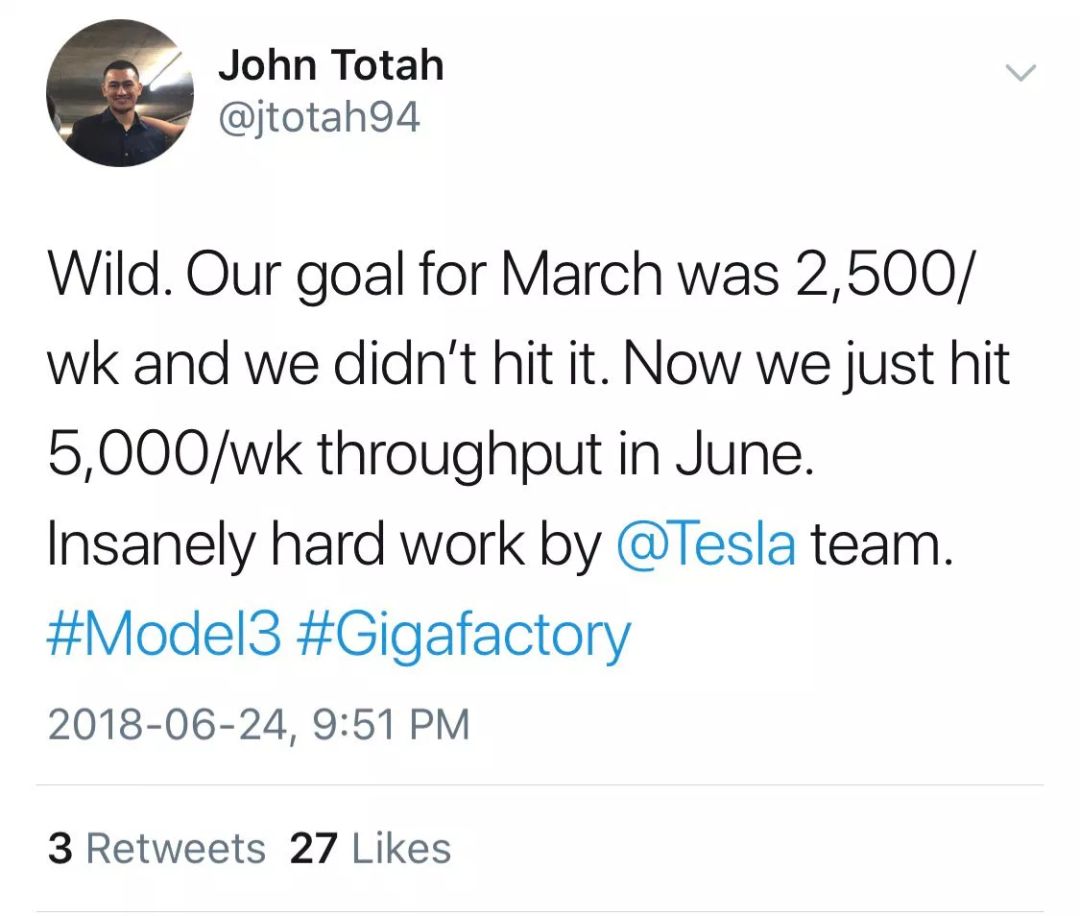 (For people like John Totah, severe reprimand is necessary. When this tweet was released, both the Tesla short sellers and Model 3 reservation owners were confused: What does it mean to "nail 5000/week?" The significance of 5000 tires and 5000 cars is not the same.)